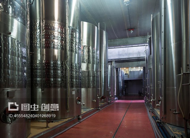 含發酵葡萄酒的不銹鋼蓄水池Stainless cisterns with fermenting wine in fabric